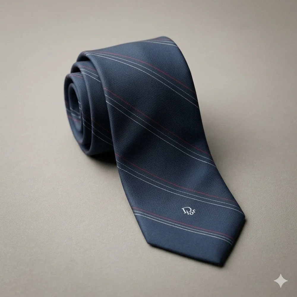 Christian Dior Mens Navy Blue Striped  Necktie Made in USA Logo Tie